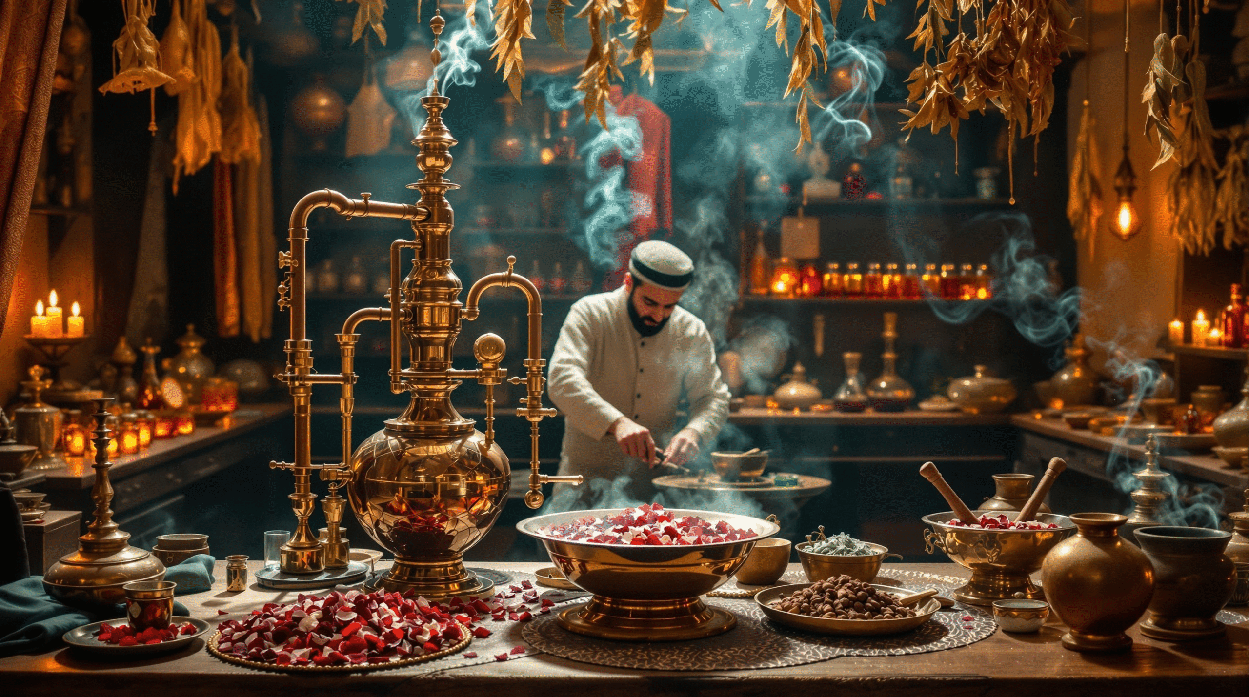 Traditional Arabian perfume workshop with master perfumer in white thobe operating copper deg-bhapka distillation equipment with steam, surrounded by rose petals, oud wood chips, amber glass bottles, and hanging herbs in warm golden lighting