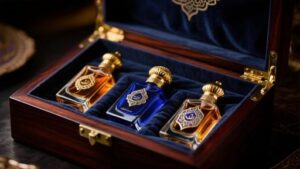 Luxury Arabian perfume collection with amber and cobalt blue glass bottles stored in dark wooden box with velvet interior for protection from light exposure and degradation
